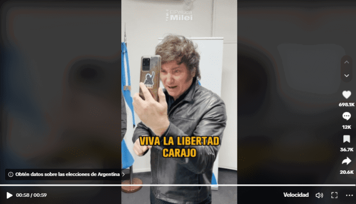 El histrionismo del candidato libertario se adapta a la perfección al formato y al público de las redes sociales como TikTok. Fuete; Tik Tok