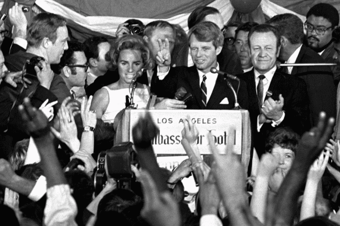 Robert F. Kennedy speaking at the Ambassador Hotel in Los Angeles, moments before he was shot on June 5, 1968. | AP Photo/Dick Strobel